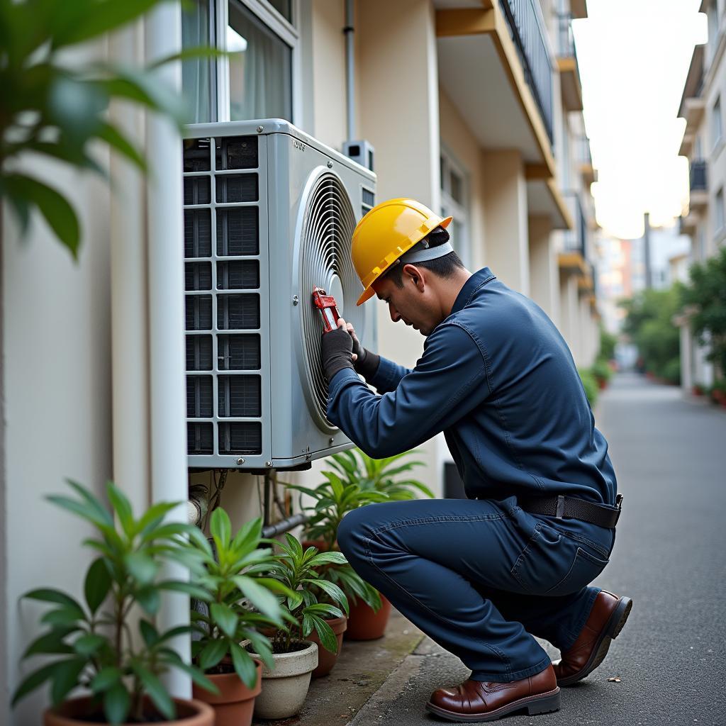 Thợ vệ sinh máy lạnh tại Quận 7 đang làm việc tại khu Phú Mỹ Hưng