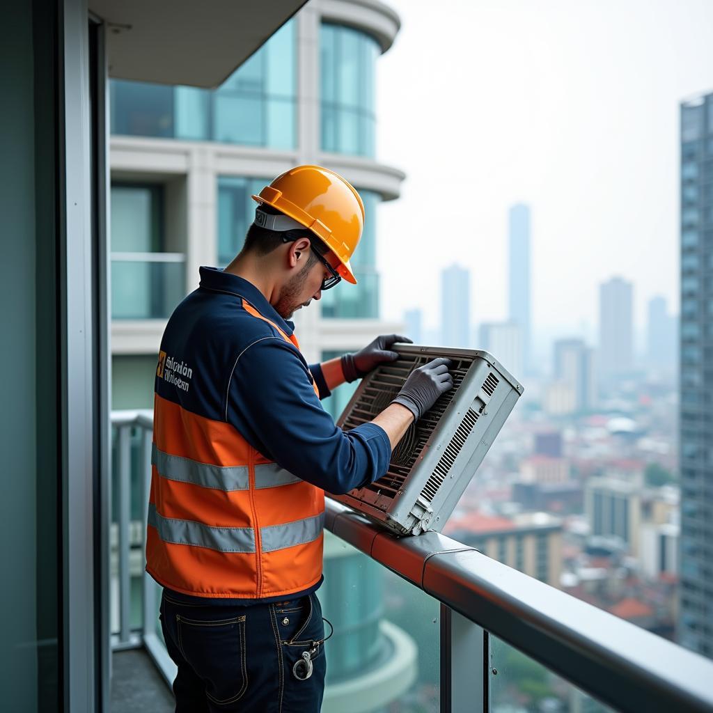 Kỹ thuật viên Điện Lạnh Hồng Vân đang lắp đặt cục nóng máy lạnh an toàn tại ban công chung cư Quận 9