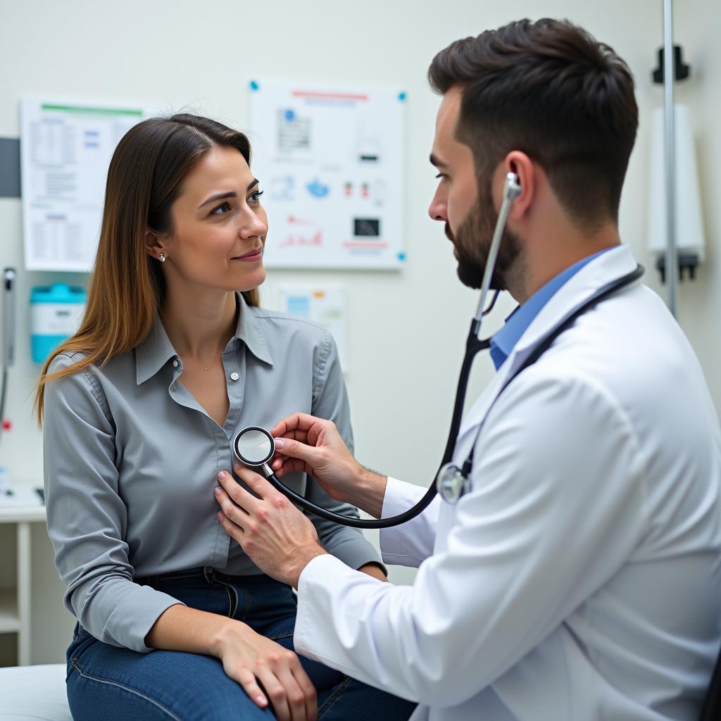 Bệnh nhân thăm khám bác sĩ chuyên khoa hô hấp để được tư vấn về tình trạng khó thở khi nằm máy lạnh