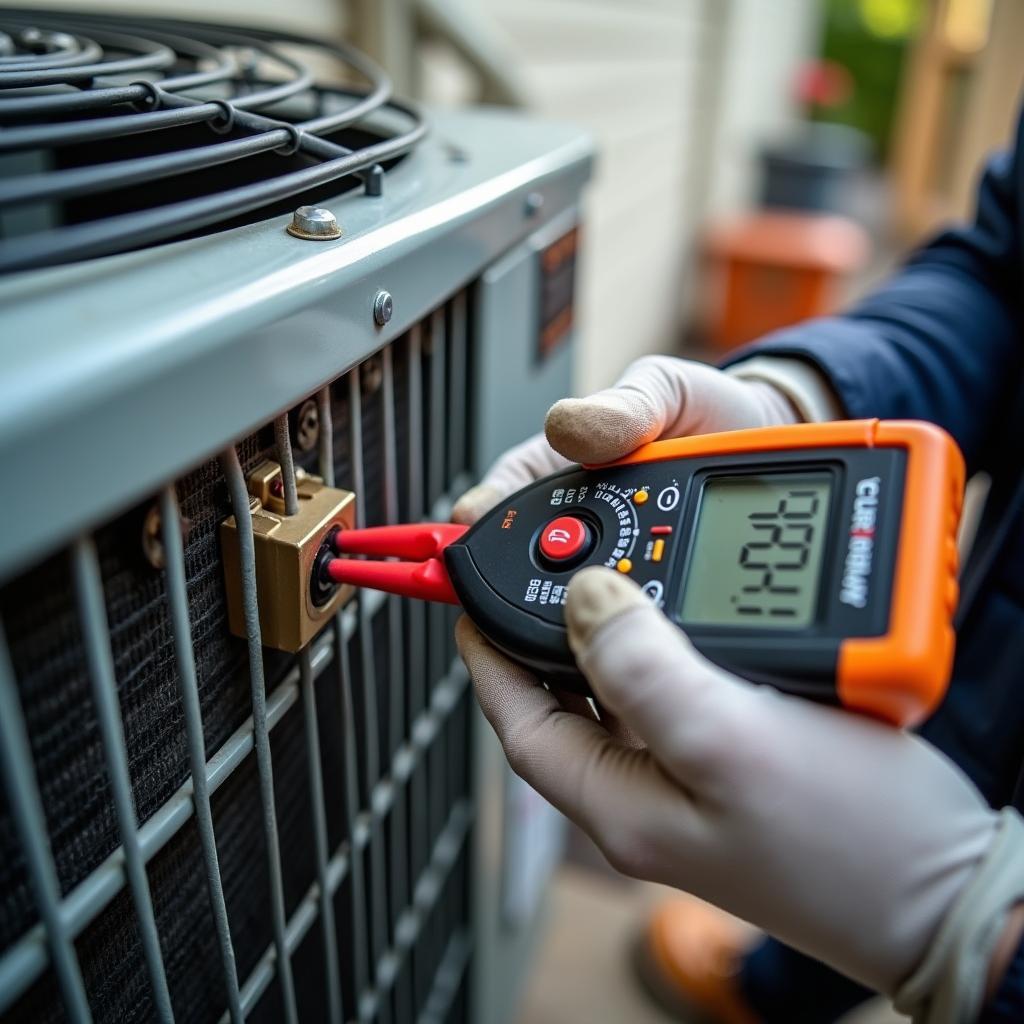 Thợ điện kiểm tra rò điện máy lạnh bằng đồng hồ đo