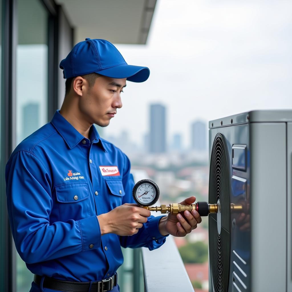 Kỹ thuật viên Điện Lạnh Hồng Vân đang tiến hành bơm ga máy lạnh chuyên nghiệp tại một căn hộ cao cấp ở Quận 2