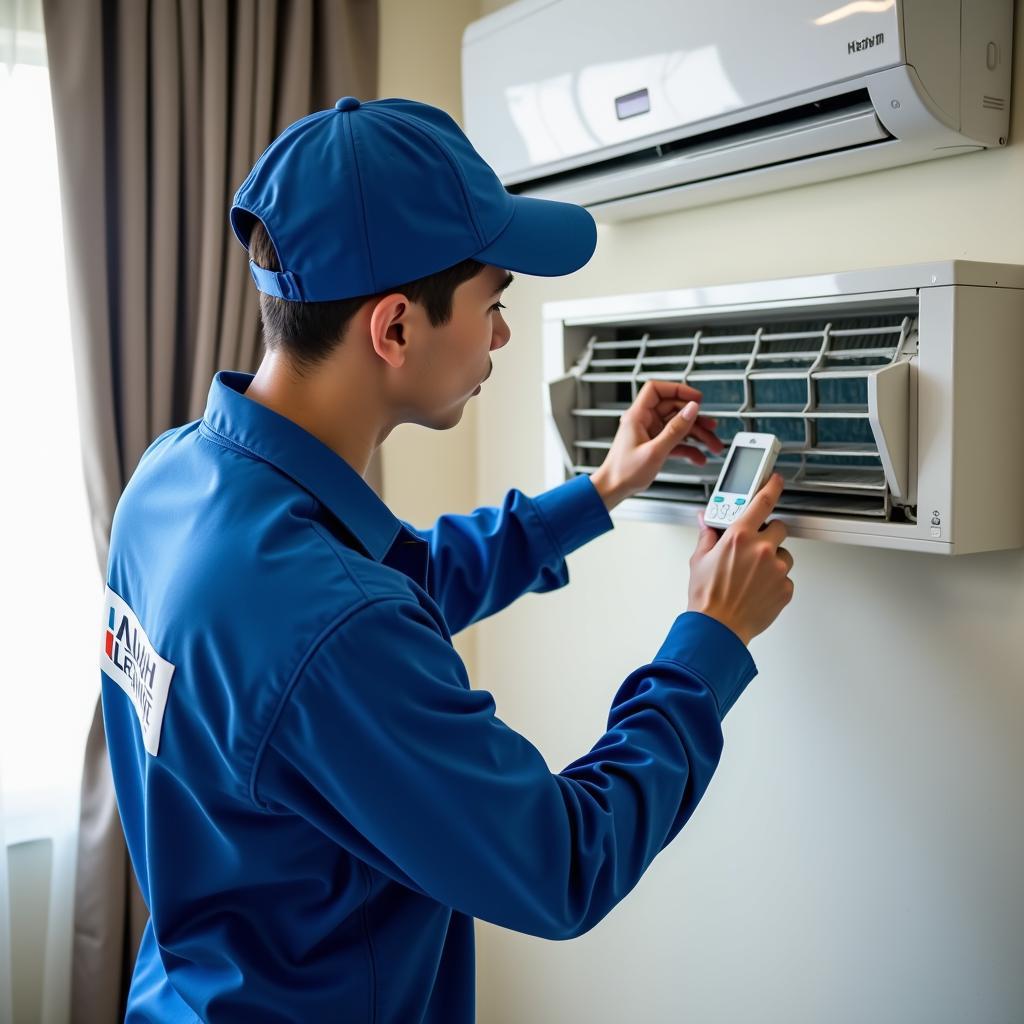 Kỹ thuật viên Điện Lạnh Hồng Vân đang kiểm tra và sửa máy lạnh chuyên nghiệp cho khách hàng tại một căn hộ cao cấp ở Quận 3