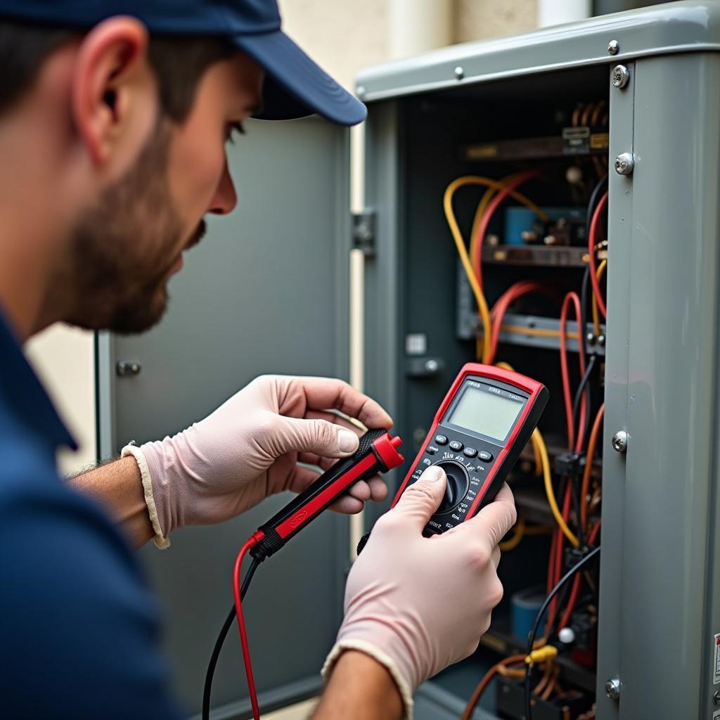 Kỹ thuật viên kiểm tra máy lạnh bị rò rỉ điện