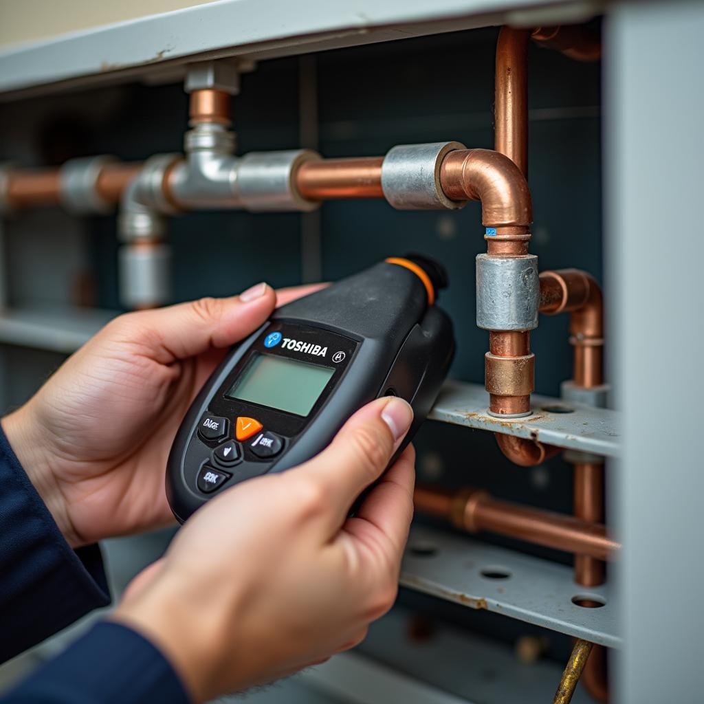 Máy lạnh toshiba bị rò rỉ gas ở đường ống dẫn, cần được kiểm tra và xử lý bởi thợ chuyên nghiệp