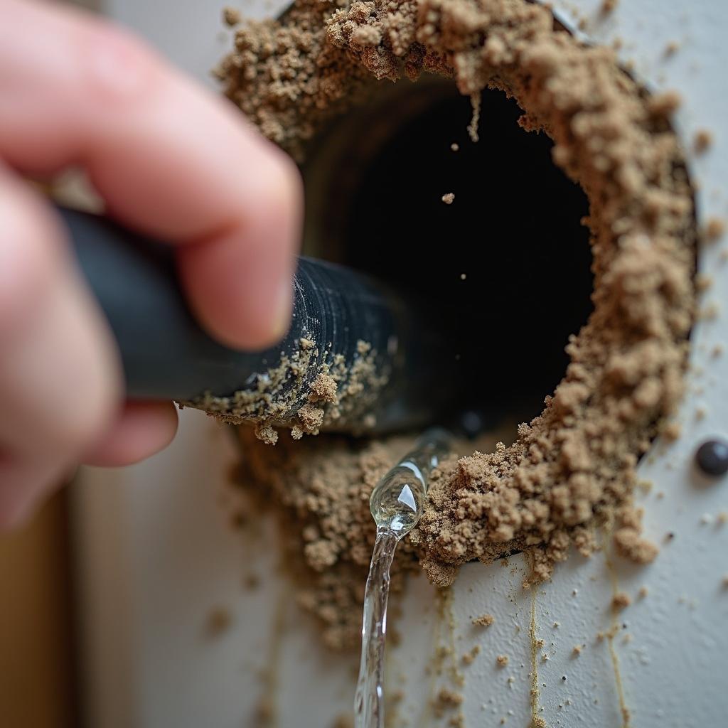 Ống thoát nước máy lạnh bị tắc nghẽn bởi bụi bẩn và cặn, cần được làm sạch