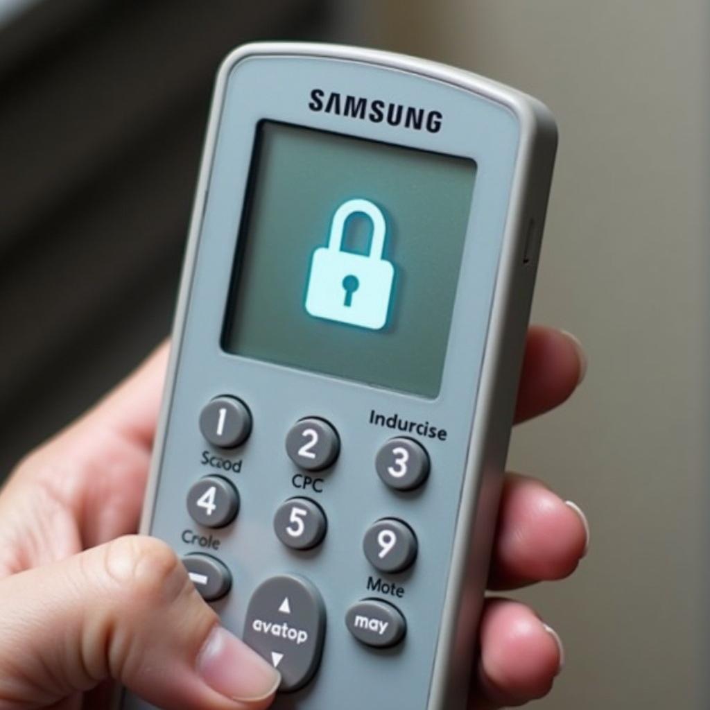 Remote máy lạnh Samsung đang ở chế độ khóa trẻ em với biểu tượng ổ khóa trên màn hình