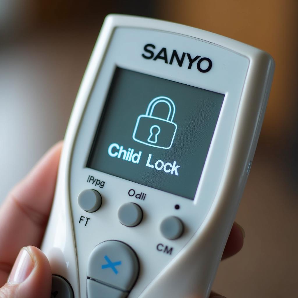 Remote máy lạnh Sanyo bị khóa trẻ em, biểu tượng khóa trên màn hình hiển thị rõ ràng