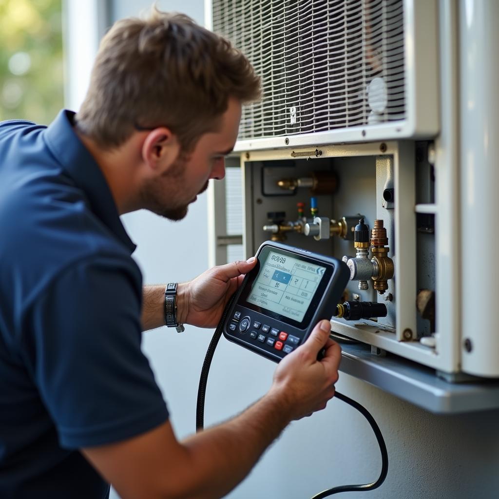 Thợ kỹ thuật kiểm tra rò rỉ gas máy lạnh Mitsubishi bằng thiết bị chuyên dụng