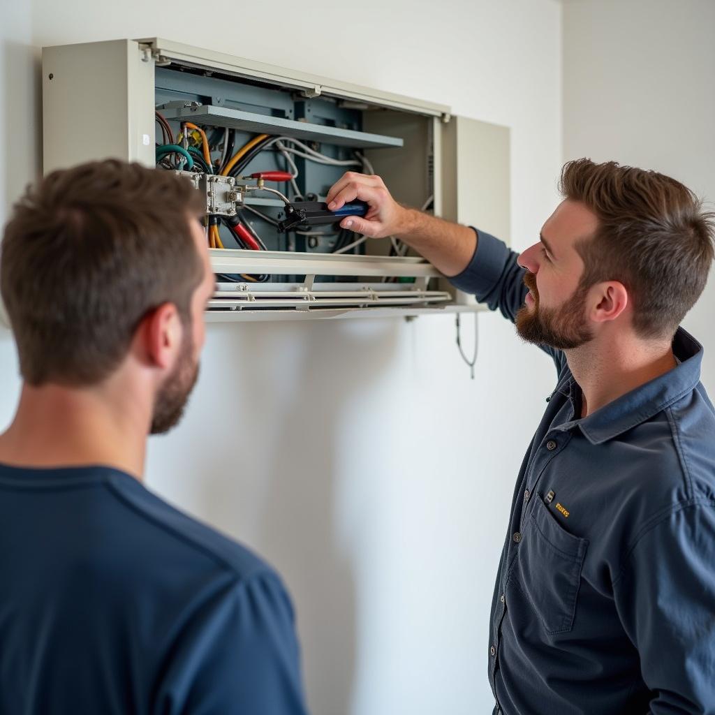 thợ sửa máy lạnh chuyên nghiệp đang kiểm tra máy lạnh cho khách hàng