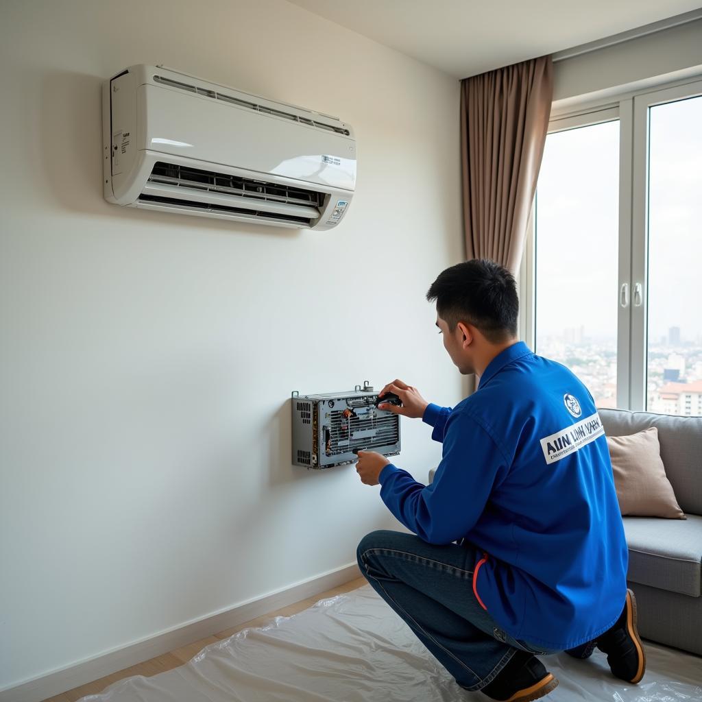 Hình ảnh thợ kỹ thuật của Điện Lạnh Hồng Vân đang tiến hành tháo lắp máy lạnh chuyên nghiệp tại một căn hộ chung cư ở Quận 9