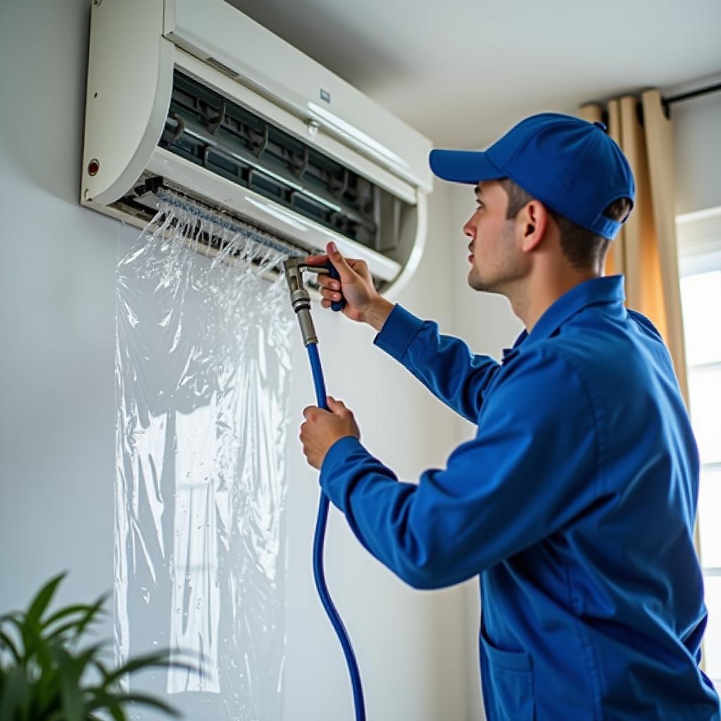 Kỹ thuật viên đang dùng vòi xịt áp lực cao vệ sinh dàn lạnh máy lạnh tại nhà một khách hàng ở Quận 6