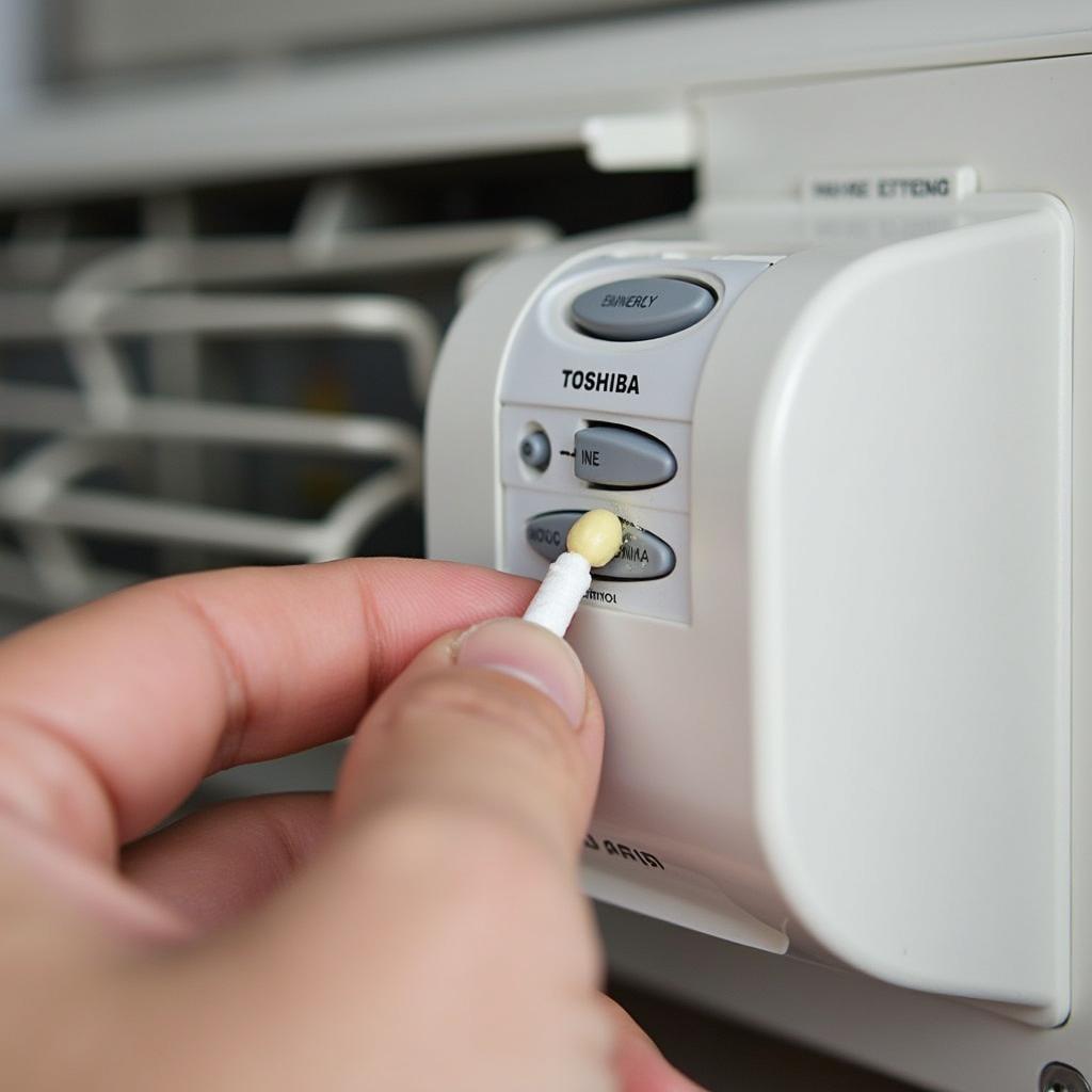 Vệ sinh mắt thần của remote máy lạnh Toshiba bằng tăm bông để loại bỏ bụi bẩn, giúp remote hoạt động tốt hơn