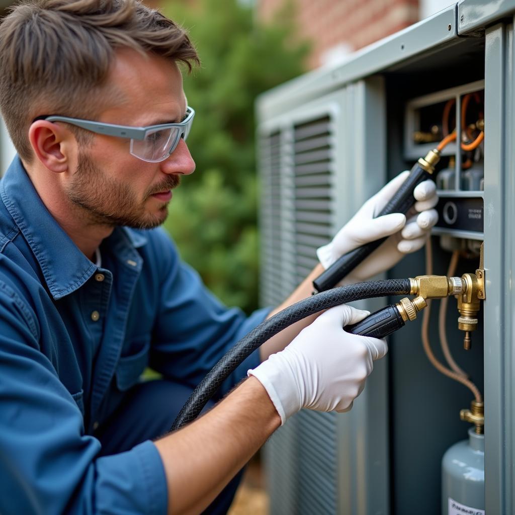 Thợ điện lạnh đang nạp gas cho máy lạnh bằng thiết bị chuyên dụng