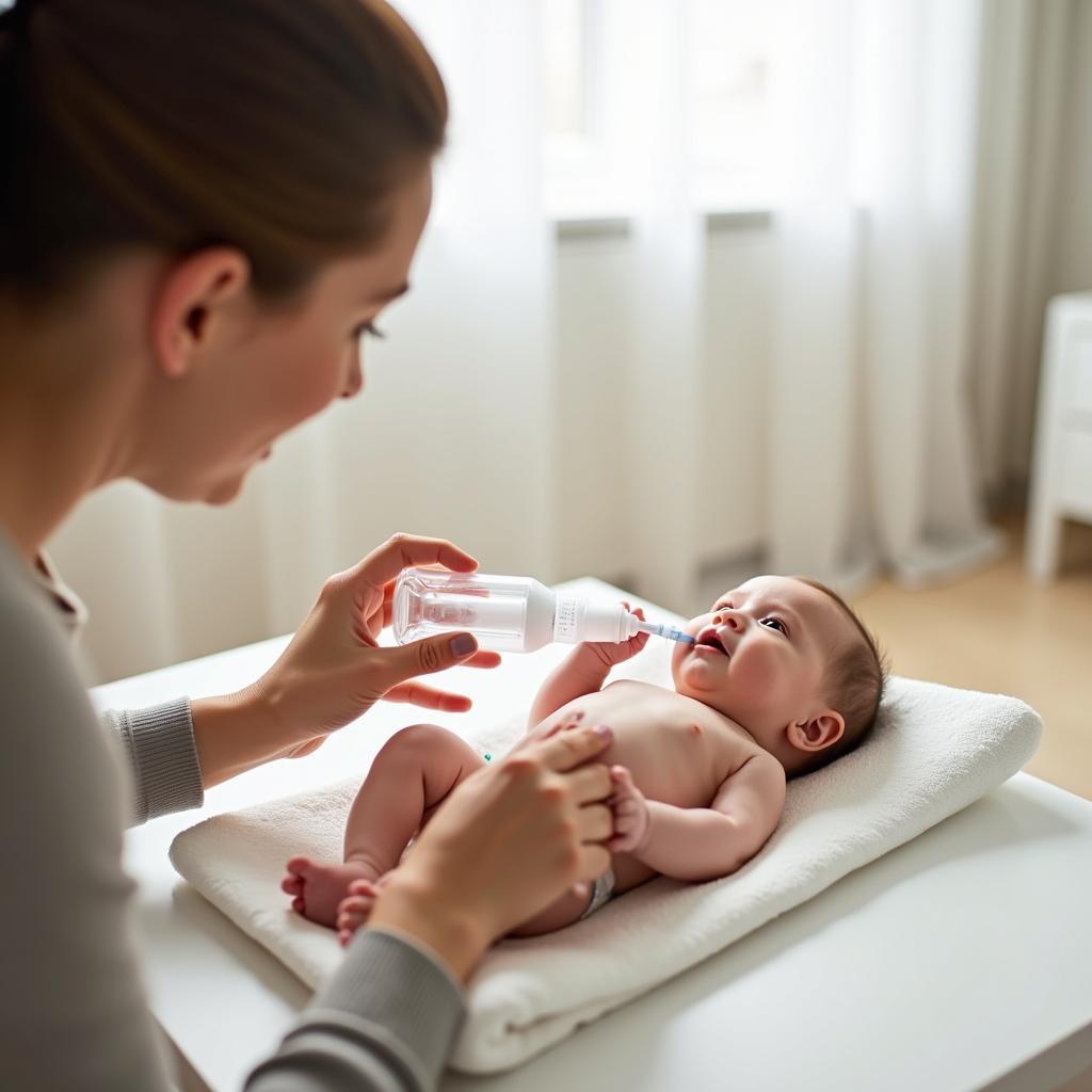 Vệ sinh mũi bằng nước muối sinh lý giúp làm loãng dịch nhầy cho trẻ bị nghẹt mũi